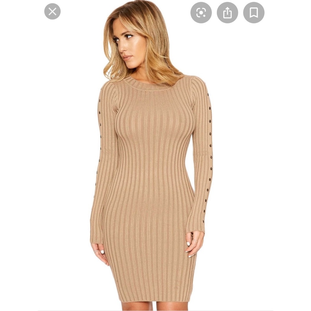 Taupe sweater dress with gold buttons